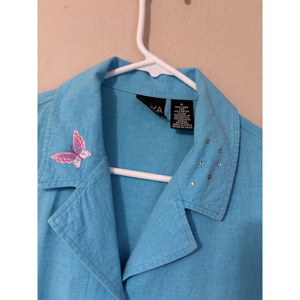 Vintage Erika Linen Blend Embroidered Butterfly Midi Shirtdress Blue Aqua 90s - Picture 6 of 11